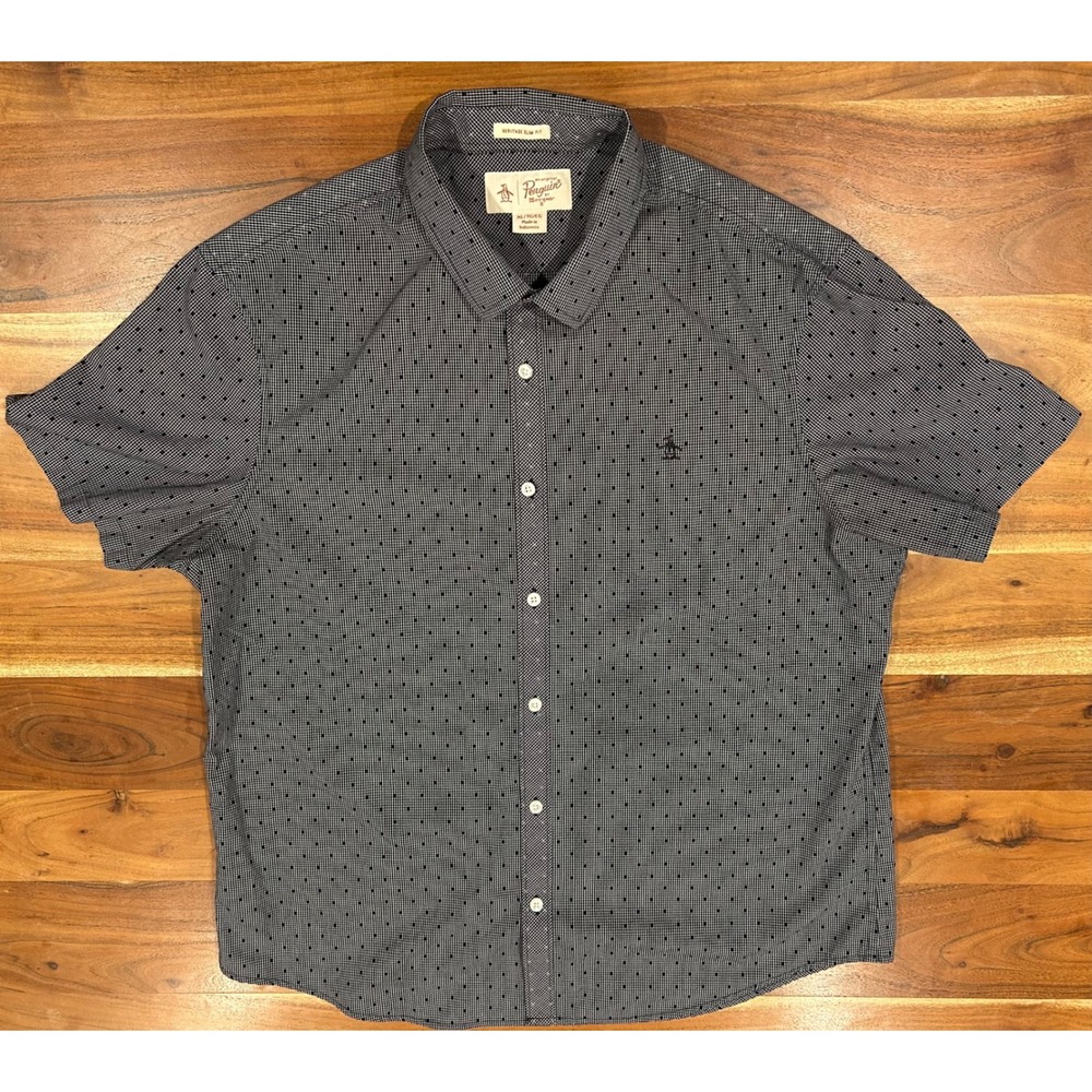 Original Penguin Mens XL Heritage Slim Fit Short Sleeve Button Down Shirt Navy